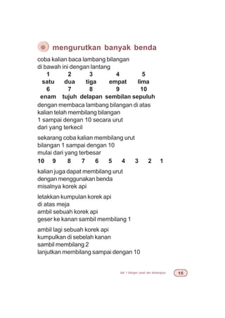 bab 1 bilangan cacah dan lambangnya #
coba kalian baca lambang bilangan
di bawah ini dengan lantang
1 2 3 4 5
satu dua tiga empat lima
6 7 8 9 10
enam tujuh delapan sembilan sepuluh
dengan membaca lambang bilangan di atas
kalian telah membilang bilangan
1 sampai dengan 10 secara urut
dari yang terkecil
sekarang coba kalian membilang urut
bilangan 1 sampai dengan 10
mulai dari yang terbesar
10 9 8 7 6 5 4 3 2 1
kalian juga dapat membilang urut
dengan menggunakan benda
misalnya korek api
letakkan kumpulan korek api
di atas meja
ambil sebuah korek api
geser ke kanan sambil membilang 1
ambil lagi sebuah korek api
kumpulkan di sebelah kanan
sambil membilang 2
lanjutkan membilang sampai dengan 10
¯ mengurutkan banyak benda
 