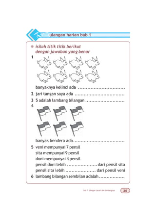 bab 1 bilangan cacah dan lambangnya #
¯ isilah titik titik berikut
dengan jawaban yang benar
1
banyaknya kelinci ada ..............................
2 jari tangan saya ada .................................
3 5 adalah lambang bilangan ..........................
4
banyak bendera ada..................................
5 veni mempunyai 7 pensil
sita mempunyai 9 pensil
doni mempunyai 4 pensil
pensil doni lebih ....................dari pensil sita
pensil sita lebih .................... dari pensil veni
6 lambang bilangan sembilan adalah.................
ulangan harian bab 1
 
