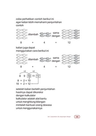 bab 2 penjumlahan dan pengurangan bilangan !#
ditambah
sama
dengan
8 + 4 = 12
kalian juga dapat
menggunakan cara berikut ini
8 9 10 11 12
+2 +2
ditambah
sama
dengan
8 + 4 = 12
setelah kalian berlatih penjumlahan
hasilnya dapat dikoreksi
dengan kalkulator
kalkulator adalah alat bantu
untuk menghitung bilangan
mintalah bantuan orang dewasa
untuk menggunakannya
8 + 2 = 10
10 + 2 = 12
coba perhatikan contoh berikut ini
agar kalian lebih memahami penjumlahan
contoh
 
