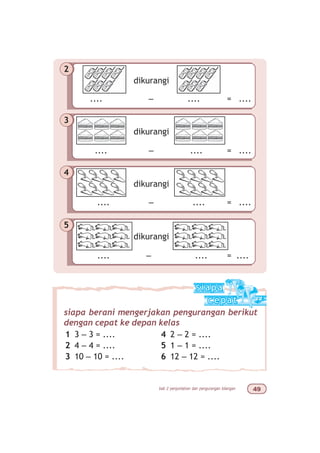 bab 2 penjumlahan dan pengurangan bilangan '
siapa berani mengerjakan pengurangan berikut
dengan cepat ke depan kelas
1 3 – 3 = ....
2 4 – 4 = ....
3 10 – 10 = ....
4 2 – 2 = ....
5 1 – 1 = ....
6 12 – 12 = ....
3
dikurangi
.... – .... = ....
4
dikurangi
.... – .... = ....
5
dikurangi
.... – .... = ....
2
dikurangi
.... – .... = ....
 