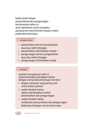 matematika untuk sd/mi kelas I#
refleksi
setelah mempelajari bab ini
coba kemukakan pendapat kalian
dengan menjawab pertanyaan berikut
• bagian manakah yang paling sulit
untuk kalian pahami
• sudah bisakah kalian
dalam membedakan simbol
penambahan dan pengurangan
• sudah bisakah kalian
melakukan penjumlahan dan pengurangan
beberapa bilangan secara berurutan
Ø penjumlahan berarti penambahan
dua atau lebih bilangan
Ø penjumlahan disimbolkan tanda +
Ø pengurangan berarti pengambilan
dua atau lebih bilangan
Ø pengurangan disimbolkan tanda –
rangkuman
kalian telah belajar
penjumlahan dan pengurangan
kemampuan kalian ini
akan diperlukan untuk mengukur
panjang dan berat benda maupun waktu
pada bab berikutnya
 