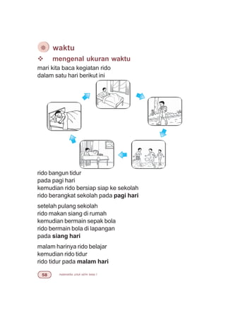 matematika untuk sd/mi kelas I#
v mengenal ukuran waktu
mari kita baca kegiatan rido
dalam satu hari berikut ini
rido bangun tidur
pada pagi hari
kemudian rido bersiap siap ke sekolah
rido berangkat sekolah pada pagi hari
setelah pulang sekolah
rido makan siang di rumah
kemudian bermain sepak bola
rido bermain bola di lapangan
pada siang hari
malam harinya rido belajar
kemudian rido tidur
rido tidur pada malam hari
¯ waktu
 
