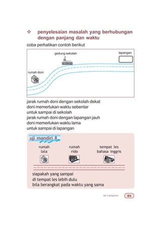bab 3 pengukuran !
v penyelesaian masalah yang berhubungan
dengan panjang dan waktu
coba perhatikan contoh berikut
jarak rumah doni dengan sekolah dekat
doni memerlukan waktu sebentar
untuk sampai di sekolah
jarak rumah doni dengan lapangan jauh
doni memerlukan waktu lama
untuk sampai di lapangan
uji mandiri 8
siapakah yang sampai
di tempat les lebih dulu
bila berangkat pada waktu yang sama
rumah
lala
rumah
rido
tempat les
bahasa inggris
rumah doni
gedung sekolah lapangan
 
