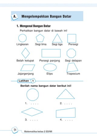 Matematika kelas 2 SD/MI
1234567890123456789012345678901212345678901234567890123456789012123456789012345678901234567890121234567890123456789012345678901212345678901234567890112345678901234567890123456789012123456789012345678901234567890121234567890123456789012345678901212345678901234567890123456789012123456789012345678901
12345678901234567890123456789012123456789012345678901234567890121234567890123456789012345678901212345678901234567890123456789012123456789012345678901
12345678901234567890123456789012123456789012345678901234567890121234567890123456789012345678901212345678901234567890123456789012123456789012345678901
1234567890123456789012345678901212345678901234567890123456789012123456789012345678901234567890121234567890123456789012345678901212345678901234567890112345678901234567890123456789012123456789012345678901234567890121234567890123456789012345678901212345678901234567890123456789012123456789012345678901
94
A. Mengelompokkan Bangun Datar
Lingkaran Segi lima Segi tiga Persegi
Belah ketupat Persegi panjang Segi delapan
Jajargenjang Elips Trapesium
Latihan 1
Berilah nama bangun datar berikut ini!
1. . . . . 2. . . . .
3. . . . . 4. . . . .
1. Mengenal Bangun Datar
Perhatikan bangun datar di bawah ini!
 