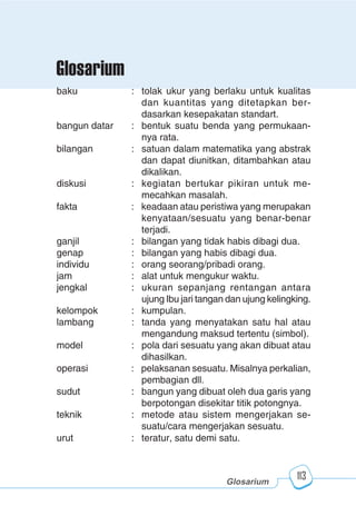 123456789012123456789012345678901234567890121234567890123456789012345678901212345678901234567890123456789012123456789012345678901234567890121234567890123456789012123456789012345678901234567890121234567890123456789012345678901212345678901234567890123456789012123456789012345678901234567890121234567890
2345678901212345678901234567890123456789012123456789012345678901234567890121234567890123456789012345678901212345678901234567890123456789012123456789023456789012123456789012345678901234567890121234567890123456789012345678901212345678901234567890123456789012123456789012345678901234567890121234567890
2345678901212345678901234567890123456789012123456789012345678901234567890121234567890123456789012345678901212345678901234567890123456789012123456789023456789012123456789012345678901234567890121234567890123456789012345678901212345678901234567890123456789012123456789012345678901234567890121234567890
Glosarium
113
baku : tolak ukur yang berlaku untuk kualitas
dan kuantitas yang ditetapkan ber-
dasarkan kesepakatan standart.
bangun datar : bentuk suatu benda yang permukaan-
nya rata.
bilangan : satuan dalam matematika yang abstrak
dan dapat diunitkan, ditambahkan atau
dikalikan.
diskusi : kegiatan bertukar pikiran untuk me-
mecahkan masalah.
fakta : keadaan atau peristiwa yang merupakan
kenyataan/sesuatu yang benar-benar
terjadi.
ganjil : bilangan yang tidak habis dibagi dua.
genap : bilangan yang habis dibagi dua.
individu : orang seorang/pribadi orang.
jam : alat untuk mengukur waktu.
jengkal : ukuran sepanjang rentangan antara
ujung Ibu jari tangan dan ujung kelingking.
kelompok : kumpulan.
lambang : tanda yang menyatakan satu hal atau
mengandung maksud tertentu (simbol).
model : pola dari sesuatu yang akan dibuat atau
dihasilkan.
operasi : pelaksanan sesuatu. Misalnya perkalian,
pembagian dll.
sudut : bangun yang dibuat oleh dua garis yang
berpotongan disekitar titik potongnya.
teknik : metode atau sistem mengerjakan se-
suatu/cara mengerjakan sesuatu.
urut : teratur, satu demi satu.
Glosarium
 