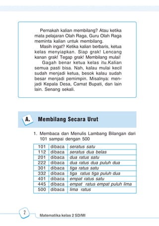 Matematika kelas 2 SD/MI
1234567890123456789012345678901212345678901234567890123456789012123456789012345678901234567890121234567890123456789012345678901212345678901234567890112345678901234567890123456789012123456789012345678901234567890121234567890123456789012345678901212345678901234567890123456789012123456789012345678901
12345678901234567890123456789012123456789012345678901234567890121234567890123456789012345678901212345678901234567890123456789012123456789012345678901
12345678901234567890123456789012123456789012345678901234567890121234567890123456789012345678901212345678901234567890123456789012123456789012345678901
1234567890123456789012345678901212345678901234567890123456789012123456789012345678901234567890121234567890123456789012345678901212345678901234567890112345678901234567890123456789012123456789012345678901234567890121234567890123456789012345678901212345678901234567890123456789012123456789012345678901
2
Pernakah kalian membilang? Atau ketika
mata pelajaran Olah Raga, Guru Olah Raga
meminta kalian untuk membilang.
Masih ingat? Ketika kalian berbaris, ketua
kelas menyiapkan. Siap grak! Lencang
kanan grak! Tegap grak! Membilang mulai!
Gagah benar ketua kelas itu.Kalian
semua pasti bisa. Nah, kalau mulai kecil
sudah menjadi ketua, besok kalau sudah
besar menjadi pemimpin. Misalnya: men-
jadi Kepala Desa, Camat Bupati, dan lain
lain. Senang sekali.
A. Membilang Secara Urut
1. Membaca dan Menulis Lambang Bilangan dari
101 sampai dengan 500
101 dibaca seratus satu
112 dibaca seratus dua belas
201 dibaca dua ratus satu
222 dibaca dua ratus dua puluh dua
301 dibaca tiga ratus satu
332 dibaca tiga ratus tiga puluh dua
401 dibaca empat ratus satu
445 dibaca empat ratus empat puluh lima
500 dibaca lima ratus
 