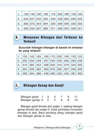 123456789012123456789012345678901234567890121234567890123456789012345678901212345678901234567890123456789012123456789012345678901234567890121234567890123456789012123456789012345678901234567890121234567890123456789012345678901212345678901234567890123456789012123456789012345678901234567890121234567890
2345678901212345678901234567890123456789012123456789012345678901234567890121234567890123456789012345678901212345678901234567890123456789012123456789023456789012123456789012345678901234567890121234567890123456789012345678901212345678901234567890123456789012123456789012345678901234567890121234567890
2345678901212345678901234567890123456789012123456789012345678901234567890121234567890123456789012345678901212345678901234567890123456789012123456789023456789012123456789012345678901234567890121234567890123456789012345678901212345678901234567890123456789012123456789012345678901234567890121234567890
Pelajaran 3 Mengurutkan Bilangan
17
1. 130 140 160 190 170 200 180 150 120
2. 250 257 245 234 249 230 260 290 233
3. 300 375 343 394 320 306 309 333 305
4. 350 334 357 360 371 390 302 339 321
B. Menyusun Bilangan dari Terbesar ke
Terkecil
C. Bilangan Genap dan Ganjil
1. 135 145 165 195 175 205 185 155 125
2. 253 259 248 237 249 233 263 293 236
3. 310 385 353 399 330 316 319 343 355
4. 355 339 362 365 376 395 307 345 326
5. 490 494 486 446 499 423 452 481 400
Susunlah bilangan bilangan di bawah ini terbesar
ke yang terkecil!
Bilangan ganjil: 1 3 5 7 9 11
Bilangan genap: 0 2 4 6 8 10
Bilangan ganjil dimulai dari angka 1, sedang bilangan
genap dimulai dari angka 0. Coba perhatikan kumpulan
bilangan di atas. Baca berulang ulang, bilangan ganjil
dan bilangan genap di atas.
 