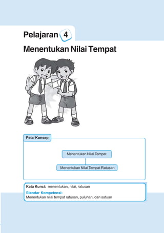 123456789012123456789012345678901234567890121234567890123456789012345678901212345678901234567890123456789012123456789012345678901234567890121234567890123456789012123456789012345678901234567890121234567890123456789012345678901212345678901234567890123456789012123456789012345678901234567890121234567890
2345678901212345678901234567890123456789012123456789012345678901234567890121234567890123456789012345678901212345678901234567890123456789012123456789023456789012123456789012345678901234567890121234567890123456789012345678901212345678901234567890123456789012123456789012345678901234567890121234567890
2345678901212345678901234567890123456789012123456789012345678901234567890121234567890123456789012345678901212345678901234567890123456789012123456789023456789012123456789012345678901234567890121234567890123456789012345678901212345678901234567890123456789012123456789012345678901234567890121234567890
Pelajaran 4 Menentukan Nilai Tempat
21
Standar Kompetensi:
Menentukan nilai tempat ratusan, puluhan, dan satuan
Kata Kunci: menentukan, nilai, ratusan
Pelajaran 4
Menentukan Nilai Tempat
Peta Konsep
Menentukan Nilai Tempat
Menentukan Nilai Tempat Ratusan
 