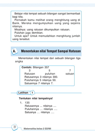 Matematika kelas 2 SD/MI
1234567890123456789012345678901212345678901234567890123456789012123456789012345678901234567890121234567890123456789012345678901212345678901234567890112345678901234567890123456789012123456789012345678901234567890121234567890123456789012345678901212345678901234567890123456789012123456789012345678901
12345678901234567890123456789012123456789012345678901234567890121234567890123456789012345678901212345678901234567890123456789012123456789012345678901
12345678901234567890123456789012123456789012345678901234567890121234567890123456789012345678901212345678901234567890123456789012123456789012345678901
1234567890123456789012345678901212345678901234567890123456789012123456789012345678901234567890121234567890123456789012345678901212345678901234567890112345678901234567890123456789012123456789012345678901234567890121234567890123456789012345678901212345678901234567890123456789012123456789012345678901
22
Latihan 1
Menentukan nilai tempat dari sebuah bilangan tiga
angka
Belajar nilai tempat sebuah bilangan sangat bermanfaat
bagi kita.
Pernakah kamu melihat orang menghitung uang di
Bank. Mereka mengumpulkan uang yang sejenis
nilainya.
Misalnya: uang ratusan dikumpulkan ratusan.
Puluhan juga demikian.
Untuk apa? Untuk memudahkan menghitung jumlah
uang tersebut.
A. Menentukan nilai Tempat Sampai Ratusan
Contoh: Bilangan 357
3 5 7
Ratusan puluhan satuan
Ratusannya 3 nilainya 300.
Puluhannya 5 nilainya 50.
Satuannya 7 nilainya 7.
Tentukan nilai tempatnya!
1. 135
Ratusannya ... nilainya ....
Puluhannya … nilainya ….
Satuanya … nilainya ….
 