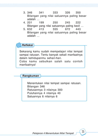 123456789012123456789012345678901234567890121234567890123456789012345678901212345678901234567890123456789012123456789012345678901234567890121234567890123456789012123456789012345678901234567890121234567890123456789012345678901212345678901234567890123456789012123456789012345678901234567890121234567890
2345678901212345678901234567890123456789012123456789012345678901234567890121234567890123456789012345678901212345678901234567890123456789012123456789023456789012123456789012345678901234567890121234567890123456789012345678901212345678901234567890123456789012123456789012345678901234567890121234567890
2345678901212345678901234567890123456789012123456789012345678901234567890121234567890123456789012345678901212345678901234567890123456789012123456789023456789012123456789012345678901234567890121234567890123456789012345678901212345678901234567890123456789012123456789012345678901234567890121234567890
Pelajaran 4 Menentukan Nilai Tempat
25
Rangkuman
Refleksi
Sekarang kamu sudah mempelajari nilai tempat
sampai ratusan. Tentu banyak sekali manfaatnya
dalam kehidupanmu sehari-hari.
Coba kamu sebutkan salah satu contoh
manfaatnya!
Menentukan nilai tempat sampai ratusan.
Bilangan 346
Ratusannya 3 nilainya 300
Puluhannya 4 nilainya 40
Satuannya 6 nilainya 6
3. 346 341 333 326 350
Bilangan yang nilai satuannya paling besar
adalah …
4. 201 199 250 245 222
Bilangan yang nilai satuannya paling kecil …
5. 632 413 555 672 443
Bilangan yang nilai satuannya paling besar
adalah …
 