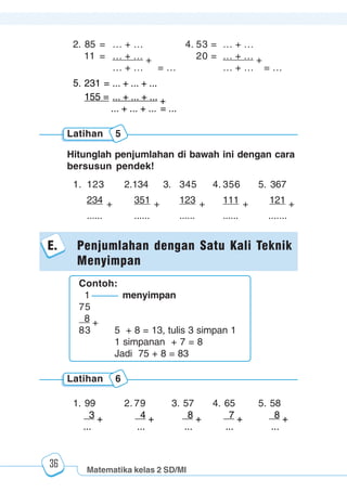 Matematika kelas 2 SD/MI
1234567890123456789012345678901212345678901234567890123456789012123456789012345678901234567890121234567890123456789012345678901212345678901234567890112345678901234567890123456789012123456789012345678901234567890121234567890123456789012345678901212345678901234567890123456789012123456789012345678901
12345678901234567890123456789012123456789012345678901234567890121234567890123456789012345678901212345678901234567890123456789012123456789012345678901
12345678901234567890123456789012123456789012345678901234567890121234567890123456789012345678901212345678901234567890123456789012123456789012345678901
1234567890123456789012345678901212345678901234567890123456789012123456789012345678901234567890121234567890123456789012345678901212345678901234567890112345678901234567890123456789012123456789012345678901234567890121234567890123456789012345678901212345678901234567890123456789012123456789012345678901
36
Latihan 5
Hitunglah penjumlahan di bawah ini dengan cara
bersusun pendek!
1. 123 2.134 3. 345 4. 356 5. 367
234 + 351 + 123 + 111 + 121 +
...... ...... ...... ...... .......
E. Penjumlahan dengan Satu Kali Teknik
Menyimpan
Contoh:
1 menyimpan
75
8 +
83 5 + 8 = 13, tulis 3 simpan 1
1 simpanan + 7 = 8
Jadi 75 + 8 = 83
Latihan 6
1. 99 2. 79 3. 57 4. 65 5. 58
3 + 4 + 8 + 7 + 8 +
... ... ... ... ...
2. 85 = … + … 4. 53 = … + …
11 = … + … + 20 = … + … +
… + … = … … + … = …
5. 231 = ... + ... + ...
155 = ... + ... + ... +
... + ... + ... = ...
 