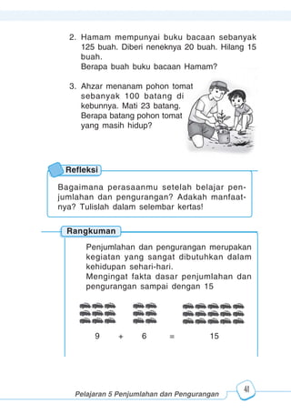 123456789012123456789012345678901234567890121234567890123456789012345678901212345678901234567890123456789012123456789012345678901234567890121234567890123456789012123456789012345678901234567890121234567890123456789012345678901212345678901234567890123456789012123456789012345678901234567890121234567890
2345678901212345678901234567890123456789012123456789012345678901234567890121234567890123456789012345678901212345678901234567890123456789012123456789023456789012123456789012345678901234567890121234567890123456789012345678901212345678901234567890123456789012123456789012345678901234567890121234567890
2345678901212345678901234567890123456789012123456789012345678901234567890121234567890123456789012345678901212345678901234567890123456789012123456789023456789012123456789012345678901234567890121234567890123456789012345678901212345678901234567890123456789012123456789012345678901234567890121234567890
Pelajaran 5 Penjumlahan dan Pengurangan
41
2. Hamam mempunyai buku bacaan sebanyak
125 buah. Diberi neneknya 20 buah. Hilang 15
buah.
Berapa buah buku bacaan Hamam?
3. Ahzar menanam pohon tomat
sebanyak 100 batang di
kebunnya. Mati 23 batang.
Berapa batang pohon tomat
yang masih hidup?
Refleksi
Bagaimana perasaanmu setelah belajar pen-
jumlahan dan pengurangan? Adakah manfaat-
nya? Tulislah dalam selembar kertas!
Rangkuman
Penjumlahan dan pengurangan merupakan
kegiatan yang sangat dibutuhkan dalam
kehidupan sehari-hari.
Mengingat fakta dasar penjumlahan dan
pengurangan sampai dengan 15
9 + 6 = 15
 