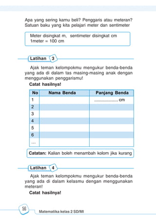 Matematika kelas 2 SD/MI
1234567890123456789012345678901212345678901234567890123456789012123456789012345678901234567890121234567890123456789012345678901212345678901234567890112345678901234567890123456789012123456789012345678901234567890121234567890123456789012345678901212345678901234567890123456789012123456789012345678901
12345678901234567890123456789012123456789012345678901234567890121234567890123456789012345678901212345678901234567890123456789012123456789012345678901
12345678901234567890123456789012123456789012345678901234567890121234567890123456789012345678901212345678901234567890123456789012123456789012345678901
1234567890123456789012345678901212345678901234567890123456789012123456789012345678901234567890121234567890123456789012345678901212345678901234567890112345678901234567890123456789012123456789012345678901234567890121234567890123456789012345678901212345678901234567890123456789012123456789012345678901
56
Apa yang sering kamu beli? Penggaris atau meteran?
Satuan baku yang kita pelajari meter dan sentimeter
Meter disingkat m, sentimeter disingkat cm
1meter = 100 cm
Ajak teman kelompokmu mengukur benda-benda
yang ada di dalam tas masing-masing anak dengan
menggunakan penggarismu!
Catat hasilnya!
No Nama Benda Panjang Benda
1 .................... cm
2
3
4
5
6
…
Catatan: Kalian boleh menambah kolom jika kurang
Latihan 3
Latihan 4
Ajak teman kelompokmu mengukur benda-benda
yang ada di dalam kelasmu dengan menggunakan
meteran!
Catat hasilnya!
 