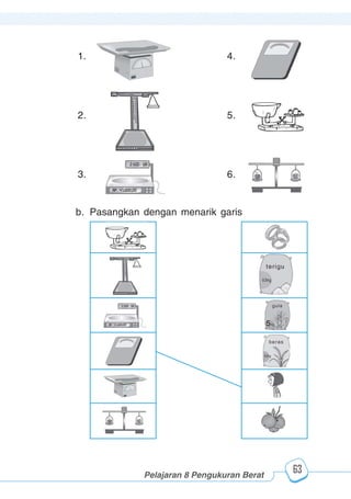123456789012123456789012345678901234567890121234567890123456789012345678901212345678901234567890123456789012123456789012345678901234567890121234567890123456789012123456789012345678901234567890121234567890123456789012345678901212345678901234567890123456789012123456789012345678901234567890121234567890
2345678901212345678901234567890123456789012123456789012345678901234567890121234567890123456789012345678901212345678901234567890123456789012123456789023456789012123456789012345678901234567890121234567890123456789012345678901212345678901234567890123456789012123456789012345678901234567890121234567890
2345678901212345678901234567890123456789012123456789012345678901234567890121234567890123456789012345678901212345678901234567890123456789012123456789023456789012123456789012345678901234567890121234567890123456789012345678901212345678901234567890123456789012123456789012345678901234567890121234567890
Pelajaran 8 Pengukuran Berat
63
5
b. Pasangkan dengan menarik garis
1. 4.
2. 5.
3. 6.
 