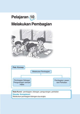 123456789012123456789012345678901234567890121234567890123456789012345678901212345678901234567890123456789012123456789012345678901234567890121234567890123456789012123456789012345678901234567890121234567890123456789012345678901212345678901234567890123456789012123456789012345678901234567890121234567890
2345678901212345678901234567890123456789012123456789012345678901234567890121234567890123456789012345678901212345678901234567890123456789012123456789023456789012123456789012345678901234567890121234567890123456789012345678901212345678901234567890123456789012123456789012345678901234567890121234567890
2345678901212345678901234567890123456789012123456789012345678901234567890121234567890123456789012345678901212345678901234567890123456789012123456789023456789012123456789012345678901234567890121234567890123456789012345678901212345678901234567890123456789012123456789012345678901234567890121234567890
Pelajaran 10 Melakukan Pembagian
77
Melakukan Pembagian
Pembagian Sebagai
Pengurangan sampai
Habis
Pembagian Lawan
dari Perkalian
Pelajaran 10
MelakukanPembagian
Standar Kompetensi:
Melakukan pembagian bilangan dua angka
Kata Kunci: pembagian, bilangan, pengurangan, perkalian
Peta Konsep
 
