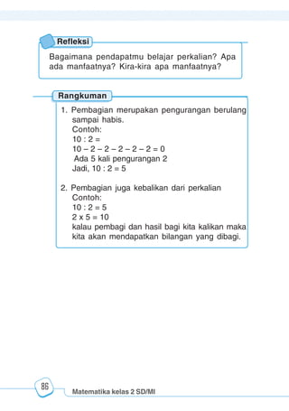 Matematika kelas 2 SD/MI
1234567890123456789012345678901212345678901234567890123456789012123456789012345678901234567890121234567890123456789012345678901212345678901234567890112345678901234567890123456789012123456789012345678901234567890121234567890123456789012345678901212345678901234567890123456789012123456789012345678901
12345678901234567890123456789012123456789012345678901234567890121234567890123456789012345678901212345678901234567890123456789012123456789012345678901
12345678901234567890123456789012123456789012345678901234567890121234567890123456789012345678901212345678901234567890123456789012123456789012345678901
1234567890123456789012345678901212345678901234567890123456789012123456789012345678901234567890121234567890123456789012345678901212345678901234567890112345678901234567890123456789012123456789012345678901234567890121234567890123456789012345678901212345678901234567890123456789012123456789012345678901
86
Rangkuman
1. Pembagian merupakan pengurangan berulang
sampai habis.
Contoh:
10 : 2 =
10 – 2 – 2 – 2 – 2 – 2 = 0
Ada 5 kali pengurangan 2
Jadi, 10 : 2 = 5
2. Pembagian juga kebalikan dari perkalian
Contoh:
10 : 2 = 5
2 x 5 = 10
kalau pembagi dan hasil bagi kita kalikan maka
kita akan mendapatkan bilangan yang dibagi.
Refleksi
Bagaimana pendapatmu belajar perkalian? Apa
ada manfaatnya? Kira-kira apa manfaatnya?
 