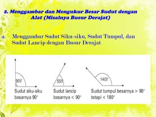 2. Menggambar dan Mengukur Besar Sudut dengan Alat  (Misalnya Busur Derajat) a.  Menggambar Sudut Siku-siku, Sudut Tumpul, dan Sudut Lancip dengan Busur Derajat 