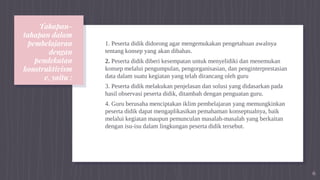 Tahapan-
tahapan dalam
pembelajaran
dengan
pendekatan
konstruktivism
e, yaitu :
1. Peserta didik didorong agar mengemukakan pengetahuan awalnya
tentang konsep yang akan dibahas.
2. Peserta didik diberi kesempatan untuk menyelidiki dan menemukan
konsep melalui pengumpulan, pengorganisasian, dan penginterprestasian
data dalam suatu kegiatan yang telah dirancang oleh guru
3. Peserta didik melakukan penjelasan dan solusi yang didasarkan pada
hasil observasi peserta didik, ditambah dengan penguatan guru.
4. Guru berusaha menciptakan iklim pembelajaran yang memungkinkan
peserta didik dapat mengaplikasikan pemahaman konseptualnya, baik
melalui kegiatan maupun pemunculan masalah-masalah yang berkaitan
dengan isu-isu dalam lingkungan peserta didik tersebut.
6
 