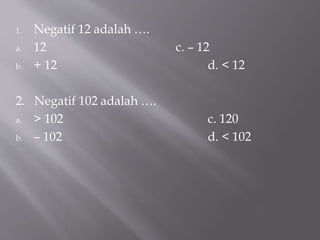 1. Negatif 12 adalah ….
a. 12 c. – 12
b. + 12 d. < 12
2. Negatif 102 adalah ….
a. > 102 c. 120
b. – 102 d. < 102
 