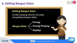 A. Keliling Bangun Datar
Keliling Bangun Datar
Jumlah panjang seluruh sisi yang
mengelilingi bangun datar.
Bangun Datar
Persegi
Persegi Panjang
Segitiga
 