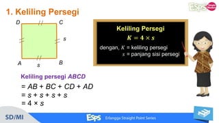 A B
CD
s
s
1. Keliling Persegi
Keliling persegi ABCD
= s + s + s + s
= 4 × s
= AB + BC + CD + AD
Keliling Persegi
𝑲 = 𝟒 × 𝒔
dengan, 𝐾 = keliling persegi
𝑠 = panjang sisi persegi
 
