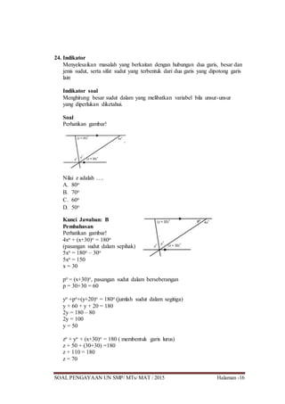 SOAL PENGAYAAN UN SMP/ MTs/ MAT / 2015 Halaman -16
24. Indikator
Menyelesaikan masalah yang berkaitan dengan hubungan dua garis, besar dan
jenis sudut, serta sifat sudut yang terbentuk dari dua garis yang dipotong garis
lain
Indikator soal
Menghitung besar sudut dalam yang melibatkan variabel bila unsur-unsur
yang diperlukan diketahui.
Soal
Perhatikan gambar!
Nilai z adalah ….
A. 80o
B. 70o
C. 60o
D. 50o
Kunci Jawaban: B
Pembahasan
Perhatikan gambar!
4xo + (x+30)o = 180o
(pasangan sudut dalam sepihak)
5xo = 180o – 30o
5xo = 150
x = 30
po = (x+30)o, pasangan sudut dalam berseberangan
p = 30+30 = 60
yo +po+(y+20)o = 180o (jumlah sudut dalam segitiga)
y + 60 + y + 20 = 180
2y = 180 – 80
2y = 100
y = 50
zo + yo + (x+30)o = 180 ( membentuk garis lurus)
z + 50 + (30+30) =180
z + 110 = 180
z = 70
 