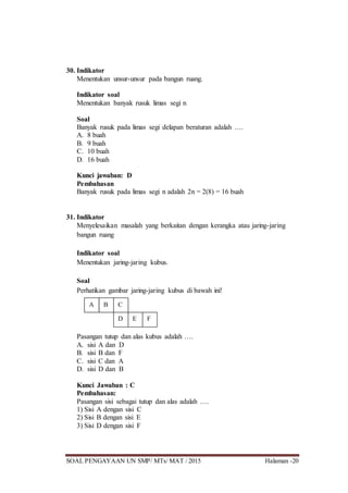 SOAL PENGAYAAN UN SMP/ MTs/ MAT / 2015 Halaman -20
30. Indikator
Menentukan unsur-unsur pada bangun ruang.
Indikator soal
Menentukan banyak rusuk limas segi n
Soal
Banyak rusuk pada limas segi delapan beraturan adalah ….
A. 8 buah
B. 9 buah
C. 10 buah
D. 16 buah
Kunci jawaban: D
Pembahasan
Banyak rusuk pada limas segi n adalah 2n = 2(8) = 16 buah
31. Indikator
Menyelesaikan masalah yang berkaitan dengan kerangka atau jaring-jaring
bangun ruang
Indikator soal
Menentukan jaring-jaring kubus.
Soal
Perhatikan gambar jaring-jaring kubus di bawah ini!
Pasangan tutup dan alas kubus adalah ….
A. sisi A dan D
B. sisi B dan F
C. sisi C dan A
D. sisi D dan B
Kunci Jawaban : C
Pembahasan:
Pasangan sisi sebagai tutup dan alas adalah ….
1) Sisi A dengan sisi C
2) Sisi B dengan sisi E
3) Sisi D dengan sisi F
E
B C
D F
A
 