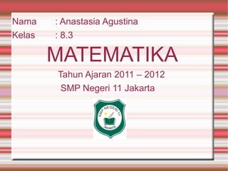 Nama    : Anastasia Agustina
Kelas   : 8.3

        MATEMATIKA
        Tahun Ajaran 2011 – 2012
         SMP Negeri 11 Jakarta
 