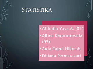 STATISTIKA
•Afifudin Yasa A. (01)
•Alfina Khoirurrosida
(03)
•Aufa Fajrul Hikmah
•Dhiana Permatasari
 