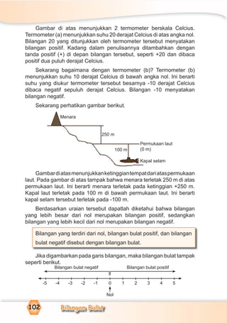 Bilangan Bulat102
Gambar di atas menunjukkan 2 termometer berskala Celcius.
Termometer (a) menunjukkan suhu 20 derajat Celcius di atas angka nol.
Bilangan 20 yang ditunjukkan oleh termometer tersebut menyatakan
bilangan positif. Kadang dalam penulisannya ditambahkan dengan
tanda positif (+) di depan bilangan tersebut, seperti +20 dan dibaca
positif dua puluh derajat Celcius.
Sekarang bagaimana dengan termometer (b)? Termometer (b)
menunjukkan suhu 10 derajat Celcius di bawah angka nol. Ini berarti
suhu yang diukur termometer tersebut besarnya -10 derajat Celcius
dibaca negatif sepuluh derajat Celcius. Bilangan -10 menyatakan
bilangan negatif.
Sekarang perhatikan gambar berikut.
Gambardiatasmenunjukkanketinggiantempatdariataspermukaan
laut. Pada gambar di atas tampak bahwa menara terletak 250 m di atas
permukaan laut. Ini berarti menara terletak pada ketinggian +250 m.
Kapal laut terletak pada 100 m di bawah permukaan laut. Ini berarti
kapal selam tersebut terletak pada -100 m.
Berdasarkan uraian tersebut dapatlah diketahui bahwa bilangan
yang lebih besar dari nol merupakan bilangan positif, sedangkan
bilangan yang lebih kecil dari nol merupakan bilangan negatif.
Bilangan yang terdiri dari nol, bilangan bulat positif, dan bilangan
bulat negatif disebut dengan bilangan bulat.
Jika digambarkan pada garis bilangan, maka bilangan bulat tampak
seperti berikut.
Menara
250 m
Permukaan laut
(0 m)
Kapal selam
100 m
Bilangan bulat negatif Bilangan bulat positif
-5 -4 -3 -2 -1 0 1 2 3 4 5
Nol
 