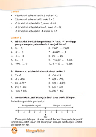 Bilangan Bulat106
Contoh
• 4 terletak di sebelah kanan 2, maka 4 > 2
• 2 terletak di sebelah kiri 5, maka 2 < 5
• -3 terletak di sebelah kiri 0, maka -3 < 0
• -2 terletak di sebelah kanan -3, maka -2 > -3
• -5 terletak di sebelah kiri -1, maka -5 < -1
Latihan 3
A. Isi titik-titik berikut dengan tanda “<“ atau “>” sehingga
pernyataan-pernyataan berikut menjadi benar!
1. 3 . . . 5 6. 2.000 . . . -2.001
2. -2 . . . 0 7. -25.876 . . . 1
3. -6 . . . -8 8. 26 . . . -26
4. 5 . . . -7 9. -165.871 . . . -1.876
5. -100 . . . . 0 10. -67.453 . . . -76.856
B. Benar atau salahkah kalimat-kalimat berikut?
1. 7 < -8 6. -30 > 29
2. -2 > -100 7. 687 < -700
3. 0 > -2.597 8. 987 < -1.000
4. 216 < -473 9. 583 < 970
5. -936 < -849 10. 216 < -473
b. Menentukan Letak Bilangan Bulat pada Garis Bilangan
Perhatikan garis bilangan berikut!
Pada garis bilangan di atas tampak bahwa bilangan bulat positif
terletak di sebelah kanan nol, sedangkan bilangan bulat negatif terletak
di sebelah kiri nol.
Bilangan bulat negatif Bilangan bulat positif
-5 -4 -3 -2 -1 0 1 2 3 4 5
Nol
 
