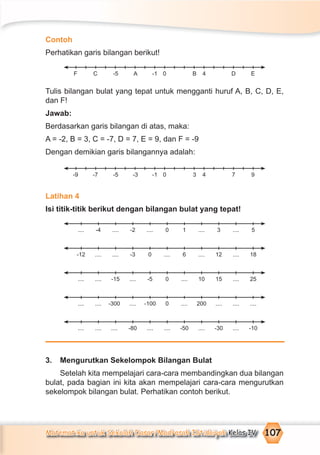 Matematika untuk Sekolah Dasar/Madrasah Ibtidaiyah Kelas IV 107
Contoh
Perhatikan garis bilangan berikut!
Tulis bilangan bulat yang tepat untuk mengganti huruf A, B, C, D, E,
dan F!
Jawab:
Berdasarkan garis bilangan di atas, maka:
A = -2, B = 3, C = -7, D = 7, E = 9, dan F = -9
Dengan demikian garis bilangannya adalah:
Latihan 4
Isi titik-titik berikut dengan bilangan bulat yang tepat!
3. Mengurutkan Sekelompok Bilangan Bulat
Setelah kita mempelajari cara-cara membandingkan dua bilangan
bulat, pada bagian ini kita akan mempelajari cara-cara mengurutkan
sekelompok bilangan bulat. Perhatikan contoh berikut.
F C -5 A -1 0 B 4 D E
-9 -7 -5 -3 -1 0 3 4 7 9
.... -4 .... -2 .... .... 3 .... 50 1
-12 .... .... -3 0 .... 12 .... 18.... 6
.... .... -15 .... -5 10 15 .... 250 ....
.... .... -300 .... -100 200 .... .... ....0 ....
.... .... .... -80 .... .... -30 .... -10.... -50
 