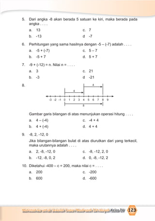 Matematika untuk Sekolah Dasar/Madrasah Ibtidaiyah Kelas IV 123
5. Dari angka -8 akan berada 5 satuan ke kiri, maka berada pada
angka . . . .
a. 13 c. 7
b. -13 d -7
6. Perhitungan yang sama hasilnya dengan -5 – (-7) adalah . . . .
a. -5 + (-7) c. 5 – 7
b. -5 + 7 d. 5 + 7
7. -9 + (-12) = n. Nilai n = . . . .
a. 3 c. 21
b. -3 d -21
8.
Gambar garis bilangan di atas menunjukan operasi hitung . . . .
a. 4 – (-4) c. -4 + 4
b. 4 + (-4) d. 4 + 4
9. -8, 2, -12, 0
Jika bilangan-bilangan bulat di atas diurutkan dari yang terkecil,
maka urutannya adalah . . . .
a. 2, -8, -12, 0 c. -8, -12, 2, 0
b. -12, -8, 0, 2 d. 0, -8, -12, 2
10. Diketahui -400 – c = 200, maka nilai c = . . . .
a. 200 c. -200
b. 600 d. -600
9-3 -2 -1 1 2 3 4 5 6 7 80
4
4
8
 