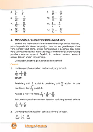 Bilangan Pecahan134
5. 5
8
. . . 3
8
9. 11
15
. . . 5
15
6. 12
20
. . . 7
20
10. 29
30
. . . 25
30
7. 8
13
. . . 10
13
11. 7
9
. . . 5
9
8. 12
16
. . . 16
16
12. 5
12
. . . 8
12
b. Mengurutkan Pecahan yang Berpenyebut Sama
Setelah kita mempelajari cara-cara membandingkan dua pecahan,
pada bagian ini kita akan mempelajari cara-cara mengurutkan pecahan
yang berpenyebut sama. Untuk mengurutkan 3 pecahan atau lebih
yang penyebutnya sama, maka kita tinggal membandingkan pembilang
pecahan-pecahan tersebut. Setelah itu, urutkan pecahan tersebut
sesuai dengan urutan yang diminta.
Untuk lebih jelasnya, perhatikan contoh berikut!
Contoh
1. Urutkan pecahan-pecahan berikut dari yang terkecil.
6
18
, 10
18
, 8
18
Jawab:
Pembilang dari 6
18
adalah 6, pembilang dari 10
18
adalah 10, dan
pembilang dari 8
18
adalah 8.
Karena 6 < 8 < 10, maka 6
18
< 8
18
< 10
18
.
Jadi, urutan pecahan-pecahan tersebut dari yang terkecil adalah
6
18
, 8
18
, 10
18
.
2. Urutkan pecahan-pecahan berikut dari yang terbesar.
67
100
, 73
100
, 58
100
 