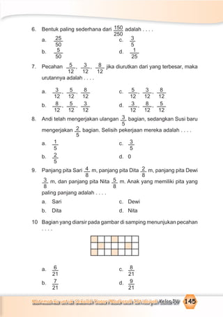 Matematika untuk Sekolah Dasar/Madrasah Ibtidaiyah Kelas IV 145
6. Bentuk paling sederhana dari 150
250
adalah . . . .
a. 25
50
c. 3
5
b. 5
50
d. 1
25
7. Pecahan 5
12
, 3
12
, 8
12
jika diurutkan dari yang terbesar, maka
urutannya adalah . . . .
a. 3
12
, 5
12
, 8
12
c. 5
12
, 3
12
, 8
12
b. 8
12
, 5
12
, 3
12
d. 3
12
, 8
12
, 5
12
8. Andi telah mengerjakan ulangan 3
5
bagian, sedangkan Susi baru
mengerjakan 2
5
bagian. Selisih pekerjaan mereka adalah . . . .
a. 1
5
c. 3
5
b. 2
5
d. 0
9. Panjang pita Sari 4
8
m, panjang pita Dita 2
8
m, panjang pita Dewi
3
8
m, dan panjang pita Nita 5
8
m. Anak yang memiliki pita yang
paling panjang adalah . . . .
a. Sari c. Dewi
b. Dita d. Nita
10 Bagian yang diarsir pada gambar di samping menunjukan pecahan
. . . .
a. 6
21
c. 8
21
b. 7
21
d. 9
21
 