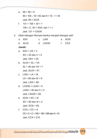 Matematika untuk Sekolah Dasar/Madrasah Ibtidaiyah Kelas IV 151
e. 99 = 90 + 9
90 = 100 – 10 = XC dan 9 = 10 – 1 = IX
Jadi, 99 = XCIX.
f. 131 = 100 + 30 + 1
100 = C, 30 = XXX, dan 1 = I
Jadi, 131 = CXXXI
2. Ubah bilangan Romawi berikut menjadi bilangan asli!
a. XXV c. LXIX e. XCIII
b. XLVII d. LXXXII f. CCX
Jawab:
a. XXV = XX + V
XX = 20 dan V = 5
Jadi, XXV = 25.
b. XLVII = XL + VII
XL = 40 dan VII = 7
Jadi, XLVII = 47.
c. LXIX = LX + IX
LX = 60 dan IX = 9
Jadi, LXIX = 69.
d. LXXXII = LXXX + II
LXXX = 80 dan II = 2
Jadi, LXXXII = 82.
e. XCIII = XC + III
XC = 90 dan III = 3
Jadi, XCIII = 93.
f. CCX = CC + X
CC=C+C=100+100=200danX=10
Jadi, CCX = 210.
 
