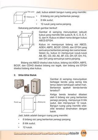 Matematika untuk Sekolah Dasar/Madrasah Ibtidaiyah Kelas IV 155
Jadi, kubus adalah bangun ruang yang memiliki:
• 6 bidang sisi yang berbentuk persegi;
• 8 titik sudut;
• 12 rusuk yang sama panjang.
Sekarang perhatikan gambar berikut!
Gambar di samping menunjukkan sebuah
kubus yang memiliki titik sudut A, B, C, D, E, F,
G, dan H. Kubus ini diberi nama dengan kubus
ABCD.EFGH.
Kubus ini mempunyai bidang sisi ABCD,
ADEH, ABFE, BCGF, CDHG, dan EFGH yang
semuanya berbentuk persegi dan sama besar.
Selain itu, kubus ini mempunyai rusuk-rusuk
AB, BC, CD, AD, AE, BF, CG, DH, EF, EH, FG,
dan GH yang semuanya sama panjang.
Bidang sisi ABCD disebut alas kubus, bidang sisi ADEH, ABFE,
BCGF, dan CDHG disebut bidang sisi tegak, dan bidang sisi EFGH
disebut bidang atas kubus.
2. Sifat-Sifat Balok
Gambar di samping menunjukkan
berbagai benda yang sering kita
temui dalam kehidupan sehari-hari.
Berbentuk apakah benda-benda
tersebut?
Ketiga benda tersebut dibatasi
oleh 6 bidang sisi yang berbentuk
persegi panjang, mempunyai 8 titik
sudut, dan mempunyai 12 rusuk.
Bangun ruang yang memiliki sifat-
sifat tersebut dinamakan dengan
balok.
Jadi, balok adalah bangun ruang yang memiliki:
• 6 bidang sisi yang berbentuk persegi panjang;
• 8 titik sudut;
• 12 rusuk.
Rusuk
Titik sudut
Bidang sisi
H G
E F
D C
A B
Titik sudut
Bidang sisi
 