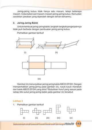 Matematika untuk Sekolah Dasar/Madrasah Ibtidaiyah Kelas IV 163
Jaring-jaring kubus tidak hanya satu macam, tetapi beberapa
macam. Coba kalian cari macam-macam jaring-jaring kubus. Kemudian
cocokkan jawaban yang diperoleh dengan teman-temanmu.
2. Jaring-Jaring Balok
Untukmembuat jaring-jaringbalok,langkah-langkahpengerjaannya
tidak jauh berbeda dengan pembuatan jaring-jaring kubus.
Perhatikan gambar berikut!
(i) (ii)
(iii)
Gambar (iii) menunjukkan jaring-jaring balokABCD.EFGH. Dengan
memperhatikan jaring-jaring pada gambar (iii), rusuk-rusuk manakah
dari balok ABCD.EFGH yang diiris? Bubuhkan huruf yang sesuai pada
setiap titik sudut jaring-jaring balok pada gambar (iii) tersebut.
Latihan 3
1. Perhatikan gambar berikut!
(i) (ii) (iii) (iv) (v)
D
A
C
B
E
A
H
E
D
H
F
B
C
G
G
F
H
E
H
E
A
D
G
F
B
C
 