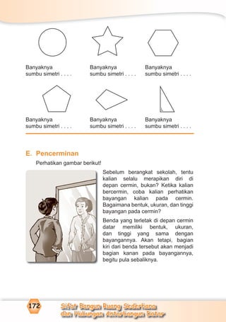 Sifat Bangun Ruang Sederhana
dan Hubungan Antarbangun Datar
172
Banyaknya Banyaknya Banyaknya
sumbu simetri . . . . sumbu simetri . . . . sumbu simetri . . . .
Banyaknya Banyaknya Banyaknya
sumbu simetri . . . . sumbu simetri . . . . sumbu simetri . . . .
E. Pencerminan
Perhatikan gambar berikut!
Sebelum berangkat sekolah, tentu
kalian selalu merapikan diri di
depan cermin, bukan? Ketika kalian
bercermin, coba kalian perhatikan
bayangan kalian pada cermin.
Bagaimana bentuk, ukuran, dan tinggi
bayangan pada cermin?
Benda yang terletak di depan cermin
datar memiliki bentuk, ukuran,
dan tinggi yang sama dengan
bayangannya. Akan tetapi, bagian
kiri dari benda tersebut akan menjadi
bagian kanan pada bayangannya,
begitu pula sebaliknya.
¬
 