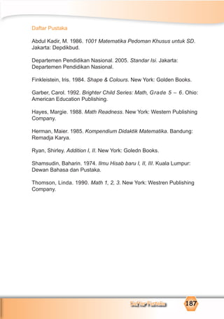 Daftar Pustaka 1871111888877777DDDDDDDDDDDaDDaDDaDaDaDDDaDaDDaaDaftttftftftftfttftftftftftf aarararararr PPPPPPPPPPPPPuuuuusuususususuusussttataaattttttattakaDDDDDDDDDDDDDDDDDDDDDDDaaaaaaaaDaDaDaaaaffaaaaaafftftftftftfffffffffttttttftftftftfttaaaattttaaaaaaaaaaaaaaararararararrararararararar PPPPPPPPPPPPPPPPPPPPPPPPPPPuuuusususuuuuususuuussssssssssssusussttssssssttttatatatatatattttttaaaakkkkakakakaakakaaaaaaaaaaatatatataakkkkakakakakkkkkkkkaaaaaaaaakakakakakakaDaftar Pustaka 187
Daftar Pustaka
Abdul Kadir, M. 1986. 1001 Matematika Pedoman Khusus untuk SD.
Jakarta: Depdikbud.
Departemen Pendidikan Nasional. 2005. Standar Isi. Jakarta:
Departemen Pendidikan Nasional.
Finkleistein, Iris. 1984. Shape & Colours. New York: Golden Books.
Garber, Carol. 1992. Brighter Child Series: Math, Grade 5 – 6. Ohio:
American Education Publishing.
Hayes, Margie. 1988. Math Readness. New York: Western Publishing
Company.
Herman, Maier. 1985. Kompendium Didaktik Matematika. Bandung:
Remadja Karya.
Ryan, Shirley. Addition I, II. New York: Goledn Books.
Shamsudin, Baharin. 1974. Ilmu Hisab baru I, II, III. Kuala Lumpur:
Dewan Bahasa dan Pustaka.
Thomson, Linda. 1990. Math 1, 2, 3. New York: Westren Publishing
Company.
 