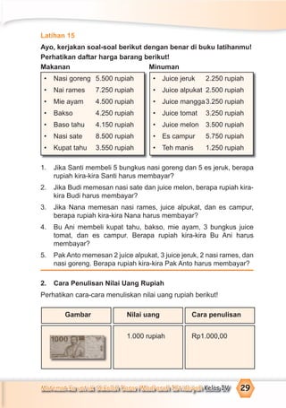 Matematika untuk Sekolah Dasar/Madrasah Ibtidaiyah Kelas IV 29
Latihan 15
Ayo, kerjakan soal-soal berikut dengan benar di buku latihanmu!
Perhatikan daftar harga barang berikut!
Makanan Minuman
• Nasi goreng 5.500 rupiah • Juice jeruk 2.250 rupiah
• Nai rames 7.250 rupiah • Juice alpukat 2.500 rupiah
• Mie ayam 4.500 rupiah • Juice mangga3.250 rupiah
• Bakso 4.250 rupiah • Juice tomat 3.250 rupiah
• Baso tahu 4.150 rupiah • Juice melon 3.500 rupiah
• Nasi sate 8.500 rupiah • Es campur 5.750 rupiah
• Kupat tahu 3.550 rupiah • Teh manis 1.250 rupiah
1. Jika Santi membeli 5 bungkus nasi goreng dan 5 es jeruk, berapa
rupiah kira-kira Santi harus membayar?
2. Jika Budi memesan nasi sate dan juice melon, berapa rupiah kira-
kira Budi harus membayar?
3. Jika Nana memesan nasi rames, juice alpukat, dan es campur,
berapa rupiah kira-kira Nana harus membayar?
4. Bu Ani membeli kupat tahu, bakso, mie ayam, 3 bungkus juice
tomat, dan es campur. Berapa rupiah kira-kira Bu Ani harus
membayar?
5. Pak Anto memesan 2 juice alpukat, 3 juice jeruk, 2 nasi rames, dan
nasi goreng. Berapa rupiah kira-kira Pak Anto harus membayar?
2. Cara Penulisan Nilai Uang Rupiah
Perhatikan cara-cara menuliskan nilai uang rupiah berikut!
Gambar Nilai uang Cara penulisan
1.000 rupiah Rp1.000,00
 