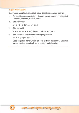 Sifat-Sifat Operasi Hitung Bilangan32
Tugas Merangkum
Dari materi yang telah dipelajari, kamu dapat merangkum bahwa:
• Penjumlahan dan perkalian bilangan cacah memenuhi sifat-sifat
komutatif, asosiatif, dan distributif.
a. Sifat komutatif
a + b = b + a dan a x b = b x a
b. Sifat asosiatif
(a + b) + c = a + (b + c) dan (a x b) x c = a x (b x c)
c. Sifat distributif perkalian terhadap penjumlahan
a x (b + c) = (a x b) + (a x c)
Coba lanjutkan rangkuman tersebut di buku latihanmu. Catatlah
hal-hal penting yang telah kamu pelajari pada bab ini.
 