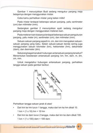Matematika untuk Sekolah Dasar/Madrasah Ibtidaiyah Kelas IV 61
Gambar 1 menunjukkan Budi sedang mengukur panjang meja
belajarnya dengan menggunakan mistar.
Coba kamu perhatikan mistar yang kalian miliki!
Pada mistar terdapat beberapa satuan panjang, yaitu sentimeter
(cm) dan milimeter (mm).
Sedangkan gambar 2 menunjukkan ayah sedang mengukur
panjang meja dengan menggunakan meteran kain.
Padameterankainbiasanyaterdapatbeberapasatuanpengukuran
panjang, yaitu meter (m), sentimeter (cm), dan milimeter (mm).
Satuan-satuan panjang seperti m, cm, dan mm merupakan satuan-
satuan panjang yang baku. Selain satuan-satuan benda sering juga
menggunakan satuan kilometer (km), hektometer (hm), dekameter
(dam), dan desimeter (dm).
Sekarang bagaimanakah hubungan antarsatuan panjang tersebut?
Menentukan kesetaraan antarsatuan panjang: km, hm, dam, m, dm,
cm, mm.
Untuk mengetahui hubungan antarsatuan panjang, perhatikan
tangga satuan pada gambar berikut.
Perhatikan tangga satuan jarak di atas!
• Dari km ke hm turun 1 tangga, maka dari km ke hm dikali 10.
1 km = (1 x 10) hm = 10 hm
• Dari km ke dam turun 2 tangga, maka dari km ke dam dikali 100.
1 km = (1 x 100) dam = 100 dam
 