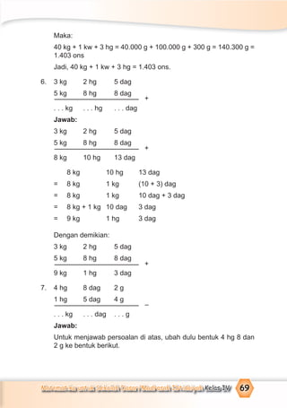 Matematika untuk Sekolah Dasar/Madrasah Ibtidaiyah Kelas IV 69
Maka:
40 kg + 1 kw + 3 hg = 40.000 g + 100.000 g + 300 g = 140.300 g =
1.403 ons
Jadi, 40 kg + 1 kw + 3 hg = 1.403 ons.
6. 3 kg 2 hg 5 dag
5 kg 8 hg 8 dag
. . . kg . . . hg . . . dag
Jawab:
3 kg 2 hg 5 dag
5 kg 8 hg 8 dag
8 kg 10 hg 13 dag
8 kg 10 hg 13 dag
= 8 kg 1 kg (10 + 3) dag
= 8 kg 1 kg 10 dag + 3 dag
= 8 kg + 1 kg 10 dag 3 dag
= 9 kg 1 hg 3 dag
Dengan demikian:
3 kg 2 hg 5 dag
5 kg 8 hg 8 dag
9 kg 1 hg 3 dag
7. 4 hg 8 dag 2 g
1 hg 5 dag 4 g
. . . kg . . . dag . . . g
Jawab:
Untuk menjawab persoalan di atas, ubah dulu bentuk 4 hg 8 dan
2 g ke bentuk berikut.
+
+
+
–
 