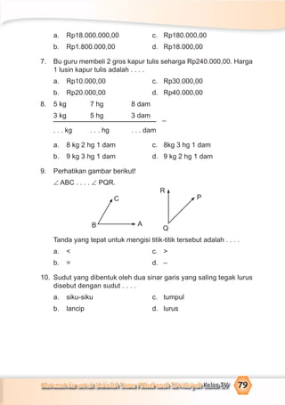 Matematika untuk Sekolah Dasar/Madrasah Ibtidaiyah Kelas IV 79
a. Rp18.000.000,00 c. Rp180.000,00
b. Rp1.800.000,00 d. Rp18.000,00
7. Bu guru membeli 2 gros kapur tulis seharga Rp240.000,00. Harga
1 lusin kapur tulis adalah . . . .
a. Rp10.000,00 c. Rp30.000,00
b. Rp20.000,00 d. Rp40.000,00
8. 5 kg 7 hg 8 dam
3 kg 5 hg 3 dam
. . . kg . . . hg . . . dam
a. 8 kg 2 hg 1 dam c. 8kg 3 hg 1 dam
b. 9 kg 3 hg 1 dam d. 9 kg 2 hg 1 dam
9. Perhatikan gambar berikut!
∠ ABC . . . . ∠ PQR.
Tanda yang tepat untuk mengisi titik-titik tersebut adalah . . . .
a. < c. >
b. = d. –
10. Sudut yang dibentuk oleh dua sinar garis yang saling tegak lurus
disebut dengan sudut . . . .
a. siku-siku c. tumpul
b. lancip d. lurus
–
C
AB
R
Q
P
 