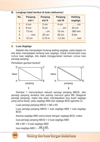Keliling dan Luas Bangun Sederhana88
B. Lengkapi tabel berikut di buku latihanmu!
No. Panjang Panjang Panjang Keliling
sisi I sisi II sisi III segitiga
1. 4 cm 2 cm 4 cm . . . . cm
2. 8 cm 8 cm . . . . cm 24 cm
3. 13 cm . . . cm 10 cm 380 mm
4. . . . . mm 22 cm 20 cm 6 dm
5. 12 cm 0,15 m 1,2 dm . . . . mm
2. Luas Segitiga
Setelah kita mempelajari tentang keliling segitiga, pada bagian ini
kita akan mempelajari tentang luas segitiga. Untuk menentukan luas
rumus luas segitiga, kita dapat menggunakan bantuan rumus luas
persegi panjang.
Perhatikan gambar berikut!
1 2
Gambar 1 menunjukkan sebuah persegi panjang ABCD. Jika
persegi panjang tersebut kita potong menurut garis BD (diagonal
persegi panjang), maka kita akan mendapatkan dua buah segitiga
yang sama besar, yaitu segitiga ABD dan segitiga BCD (gambar 2).
Luas persegi panjang ABCD = AB x AD
Luas persegi panjang ABCD = luas segitiga ABD + luas segitiga
BCD
Karena segitiga ABD sama besar dengan segitiga BCD, maka:
luas persegi panjang ABCD = 2 luas segitiga ABD
AB x AD = 2 luas segitiga ABD
luas segitiga ABD = AB x AD
2
lebar lebar
panjangpanjang
D
A
C
B
D
A
C
B
¬
¬
¬
¬
 