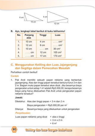Keliling dan Luas Bangun Sederhana90
B. Ayo, lengkapi tabel berikut di buku latihanmu!
No. Panjang Tinggi Luas
alas
1. 10 cm 4 cm . . . . cm2
2. 12 cm 8 cm . . . . cm2
3. 10 cm . . . . cm 30 cm2
4. . . . . cm 12 cm 105 cm2
5. . . . . cm 17 cm 170 cm2
C. Menggunakan Keliling dan Luas Jajargenjang
dan Segitiga dalam Pemecahan Masalah
Perhatikan contoh berikut!
Contoh
1. Pak Andi memiliki sebuah papan reklame yang berbentuk
jajargenjang. Alas dan tinggi papan tersebut berturut-turut 3 m dan
2 m. Bagian muka papan tersebut akan dicat. Jika besarnya biaya
pengecatan untuk setiap 1 m2
adalah Rp5.000,00, berapa besarnya
biaya yang harus dikeluarkan Pak Andi untuk pengecatan papan
reklame tersebut?
Jawab:
Diketahui: Alas dan tinggi papan = 3 m dan 2 m
Biaya pengecatan = Rp5.000,00 per m2
Ditanya: Besarnya biaya yang dikeluarkan untuk pengecatan
Penyelesaian:
Luas papan reklame yang dicat = alas x tinggi
= 3 m x 2 m
= 6 m2
12 cm
4 cm6 cm
14 cm
¬
¬
 