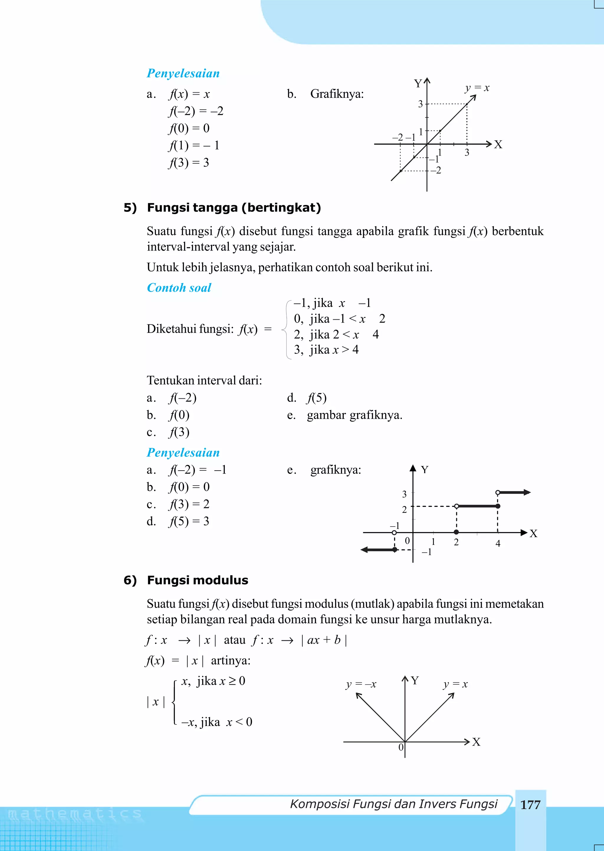 Penyelesaian
                                                             Y                  y=x
   a.   f(x) = x              b.   Grafiknya:
                                                             3
        f(–2) = –2
        f(0) = 0                                             1
                                                   –2 –1
        f(1) = – 1                                                                      X
                                                                       1        3
        f(3) = 3                                                     –1
                                                                     –2


5) Fungsi tangga (bertingkat)
   Suatu fungsi f(x) disebut fungsi tangga apabila grafik fungsi f(x) berbentuk
   interval-interval yang sejajar.
   Untuk lebih jelasnya, perhatikan contoh soal berikut ini.
   Contoh soal
                                –1, jika x –1
                                0, jika –1 < x 2
   Diketahui fungsi: f(x) =     2, jika 2 < x 4
                                3, jika x > 4

   Tentukan interval dari:
   a. f(–2)                   d. f(5)
   b. f(0)                    e. gambar grafiknya.
   c. f(3)
   Penyelesaian
   a. f(–2) = –1              e.   grafiknya:                    Y
   b. f(0) = 0
                                                        3
   c. f(3) = 2                                          2
   d. f(5) = 3                                     –1
                                                                                             X
                                                         0         1        2           4
                                                                 –1

6) Fungsi modulus
   Suatu fungsi f(x) disebut fungsi modulus (mutlak) apabila fungsi ini memetakan
   setiap bilangan real pada domain fungsi ke unsur harga mutlaknya.
   f : x → | x | atau f : x → | ax + b |
   f(x) = | x | artinya:
          x, jika x ≥ 0                   y = –x             Y             y=x
       ⎧
       ⎪
   |x| ⎨
       ⎪
       ⎩ –x, jika x < 0

                                                     0                              X




                               Komposisi Fungsi dan Invers Fungsi                           177
 