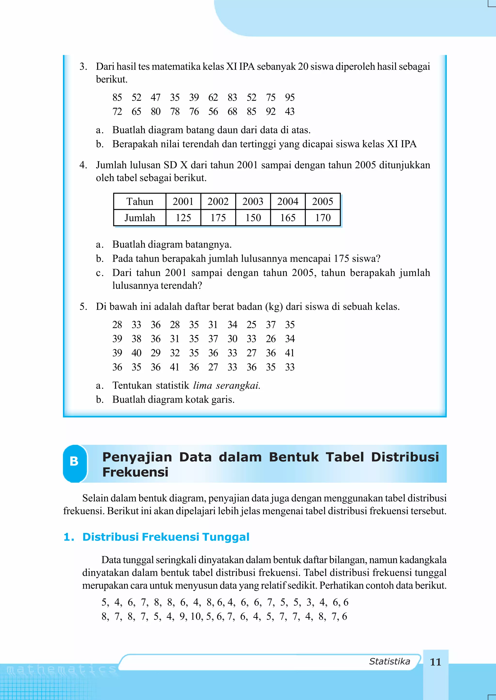 3. Dari hasil tes matematika kelas XI IPA sebanyak 20 siswa diperoleh hasil sebagai
        berikut.
            85 52 47 35 39 62 83 52 75 95
            72 65 80 78 76 56 68 85 92 43
        a. Buatlah diagram batang daun dari data di atas.
        b. Berapakah nilai terendah dan tertinggi yang dicapai siswa kelas XI IPA
     4. Jumlah lulusan SD X dari tahun 2001 sampai dengan tahun 2005 ditunjukkan
        oleh tabel sebagai berikut.

                 Tahun      2001      2002       2003        2004   2005
                 Jumlah      125      175        150         165    170

        a. Buatlah diagram batangnya.
        b. Pada tahun berapakah jumlah lulusannya mencapai 175 siswa?
        c. Dari tahun 2001 sampai dengan tahun 2005, tahun berapakah jumlah
           lulusannya terendah?
     5. Di bawah ini adalah daftar berat badan (kg) dari siswa di sebuah kelas.
            28    33   36   28   35   31    34   25     37    35
            39    38   36   31   35   37    30   33     26    34
            39    40   29   32   35   36    33   27     36    41
            36    35   36   41   36   27    33   36     35    33
        a. Tentukan statistik lima serangkai.
        b. Buatlah diagram kotak garis.




 B        Penyajian Data dalam Bentuk Tabel Distribusi
          Frekuensi
    Selain dalam bentuk diagram, penyajian data juga dengan menggunakan tabel distribusi
frekuensi. Berikut ini akan dipelajari lebih jelas mengenai tabel distribusi frekuensi tersebut.

1. Distribusi Frekuensi Tunggal

         Data tunggal seringkali dinyatakan dalam bentuk daftar bilangan, namun kadangkala
     dinyatakan dalam bentuk tabel distribusi frekuensi. Tabel distribusi frekuensi tunggal
     merupakan cara untuk menyusun data yang relatif sedikit. Perhatikan contoh data berikut.
          5, 4, 6, 7, 8, 8, 6, 4, 8, 6, 4, 6, 6, 7, 5, 5, 3, 4, 6, 6
          8, 7, 8, 7, 5, 4, 9, 10, 5, 6, 7, 6, 4, 5, 7, 7, 4, 8, 7, 6



                                                                            Statistika     11
 