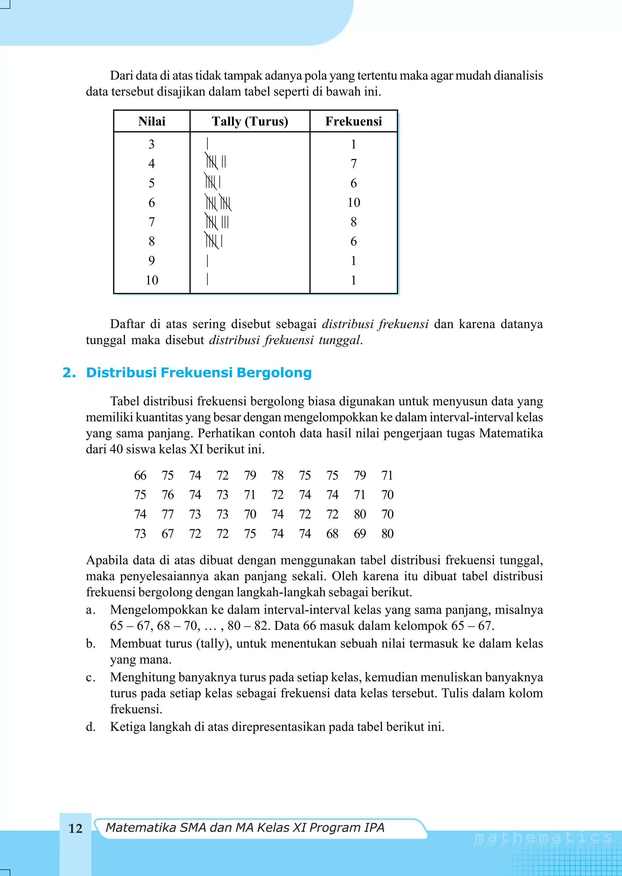 Dari data di atas tidak tampak adanya pola yang tertentu maka agar mudah dianalisis
     data tersebut disajikan dalam tabel seperti di bawah ini.

               Nilai             Tally (Turus)            Frekuensi
                 3             |                                1
                 4             |||| ||                          7
                 5             |||| |                           6
                 6             |||| ||||                       10
                 7             |||| |||                         8
                 8             |||| |                           6
                 9             |                                1
                10             |                                1


         Daftar di atas sering disebut sebagai distribusi frekuensi dan karena datanya
     tunggal maka disebut distribusi frekuensi tunggal.

2. Distribusi Frekuensi Bergolong

          Tabel distribusi frekuensi bergolong biasa digunakan untuk menyusun data yang
     memiliki kuantitas yang besar dengan mengelompokkan ke dalam interval-interval kelas
     yang sama panjang. Perhatikan contoh data hasil nilai pengerjaan tugas Matematika
     dari 40 siswa kelas XI berikut ini.
              66     75   74       72      79   78   75   75   79   71
              75     76   74       73      71   72   74   74   71   70
              74     77   73       73      70   74   72   72   80   70
              73     67   72       72      75   74   74   68   69   80
     Apabila data di atas dibuat dengan menggunakan tabel distribusi frekuensi tunggal,
     maka penyelesaiannya akan panjang sekali. Oleh karena itu dibuat tabel distribusi
     frekuensi bergolong dengan langkah-langkah sebagai berikut.
     a. Mengelompokkan ke dalam interval-interval kelas yang sama panjang, misalnya
         65 – 67, 68 – 70, … , 80 – 82. Data 66 masuk dalam kelompok 65 – 67.
     b. Membuat turus (tally), untuk menentukan sebuah nilai termasuk ke dalam kelas
         yang mana.
     c. Menghitung banyaknya turus pada setiap kelas, kemudian menuliskan banyaknya
         turus pada setiap kelas sebagai frekuensi data kelas tersebut. Tulis dalam kolom
         frekuensi.
     d. Ketiga langkah di atas direpresentasikan pada tabel berikut ini.




12      Matematika SMA dan MA Kelas XI Program IPA
 